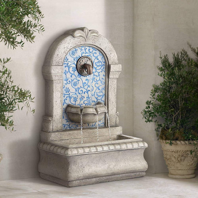 Manhasset Modern Outdoor Floor Water Fountain Stone Classic Blue Tile Mosaic 30 1/4" for Garden Patio Backyard Deck Home Lawn Porch House Exterior Balcony - John Timberland