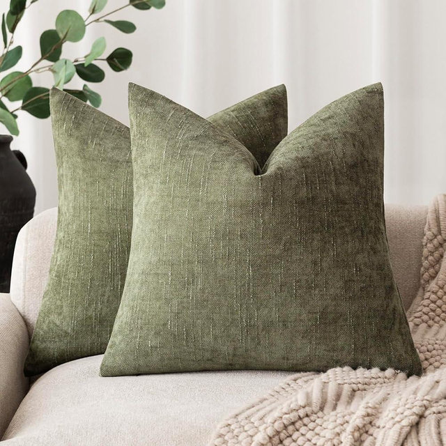 Foindtower Pack of 2 Soft Textured Chenille Throw Decorative Pillow Covers Square Accent Solid Cushion Cover Cozy Neutral Farmhouse Pillow Case for Couch Sofa Bedroom Living Room 24x24 Inch,Dark Green