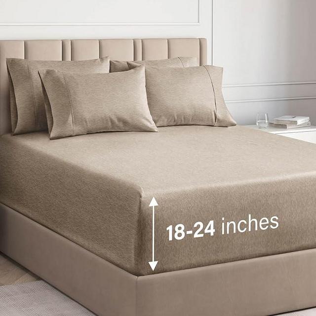 Extra Deep King Sheet Set - 6 Piece Breathable & Cooling Sheets - Hotel Luxury Bed Sheets Set - Easy Fit - Soft, Wrinkle Free & Comfy Sheets Set - Heathered Beige Sheet Set w/Extra Deep Pockets