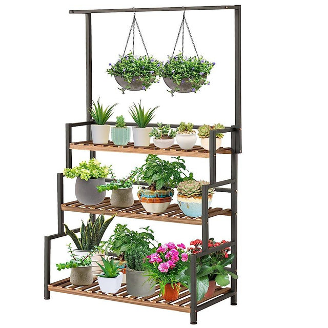 Hanging Plant Stand Indoor 3-Tier Plant Shelves with Bar, Plant Rack Flower Pot Organizer Outdoor Shelf for Multiple Plants, Wood Plants Shelf with Metal Frame for Garden Balcony Patio Bedroom Office