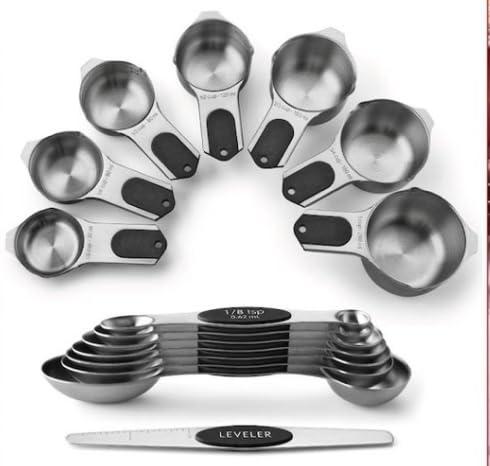 Spring Chef Magnetic Measuring Cups and Spoons Set with Strong N45 Magnets, Heavy Duty Stainless Steel, Fits in Most Kitchen Spice Jars for Baking & Cooking, BPA Free, Set of 15 with Leveler, Black