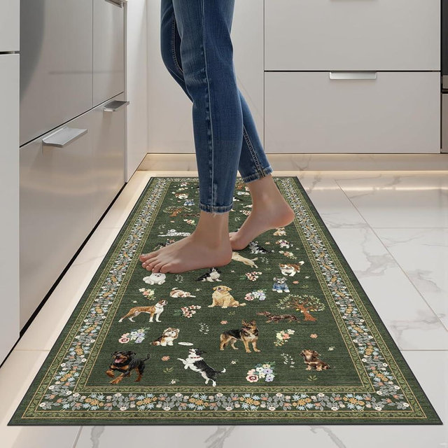 Babovid Dog Rug Runner for Entryway, 2x5 Washable Kitchen Mat Ultra-Thin Soft, Non-Slip Indoor Door Carpet Stain Resistant Boho Small Low-Pile Throw for Bathroom Bedroom, Dark Green