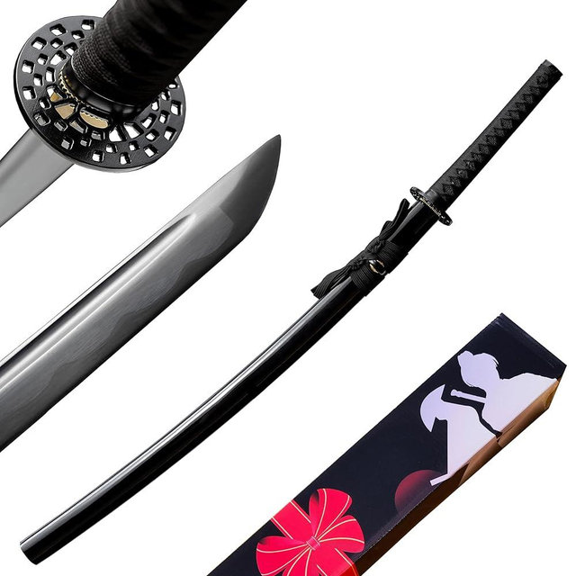 JIHPEN sword, Pure Handmade Samurai Sword, 9260 Spring Steel, 41.31.21 inches, Full Tang Sword Set, Sharp, Black Katana