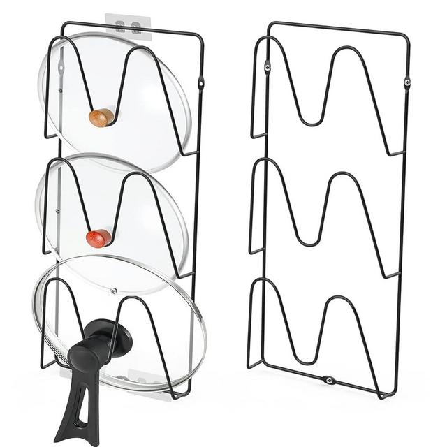 SGOOOD 2 Pack Pot Lid Organizer Rack - 3 Tier Pot Lids Holder No Drilling Adhesive Wall Mounted Lid Rack for Kitchen Cabinet Door Mounted Pot and Pan Covers Holder Rack, Black