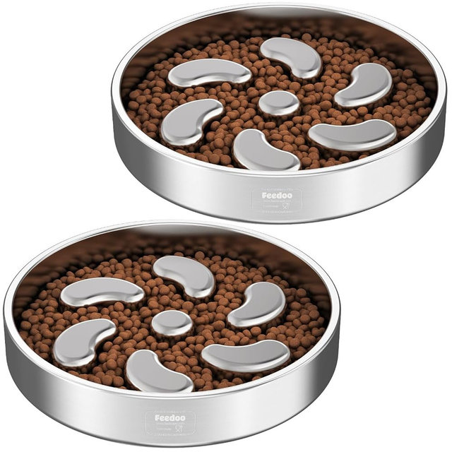 Feedoo Slow Feeder Dog Bowl-3Cups for Large Breeds, Double Wall Food-Grade Stainless Steel, Heavy Duty with Non-Slip Rubber Base, Puzzle Maze Bowl to Slow Down Eating [2Pack]