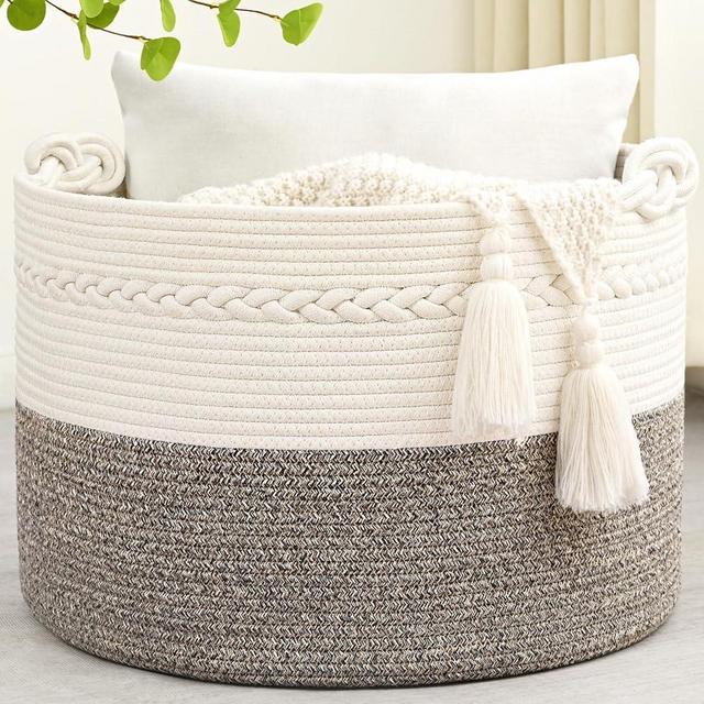 Degeyoyo Large Blanket Basket, 20"x13" Woven Storage Baskets With Handle, Cotton Rope Blanket Basket Living Room, Baby Laundry hamper for Blanket, Nursery, Toy, Pillow (White & Grey)