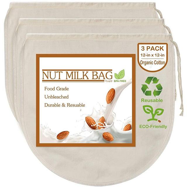 3 Pack 12"x12" Nut Milk Bags - 100% Unbleached Organic Cotton Cheesecloth, Reusable Food Strainer Colander For Straining Almond/Oat Milk, Celery Juice, Cold Brew Coffee, Yogurt and Cheese Making