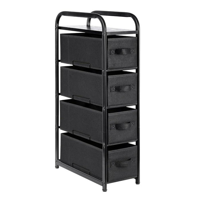 MAX Houser 4 Drawer Narrow Dresser Fabric Storage Tower Vertical Slim Storage Chest Organizer Nightstand Side/End Table Small Standing Organizer Removable Drawers Wood Top for Bedroom, Bathroom（Black)
