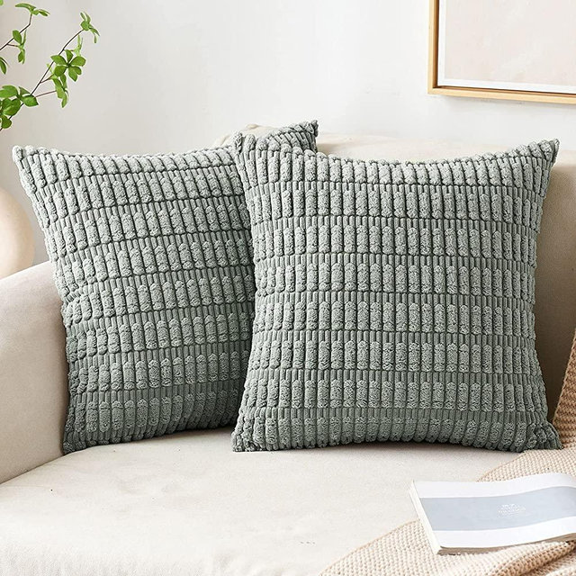 MIULEE Pack of 2 Corduroy Decorative Throw Pillow Covers 18x18 Inch Soft Boho Striped Pillow Covers Modern Farmhouse Home Decor for Sofa Living Room Couch Bed Greyish Green