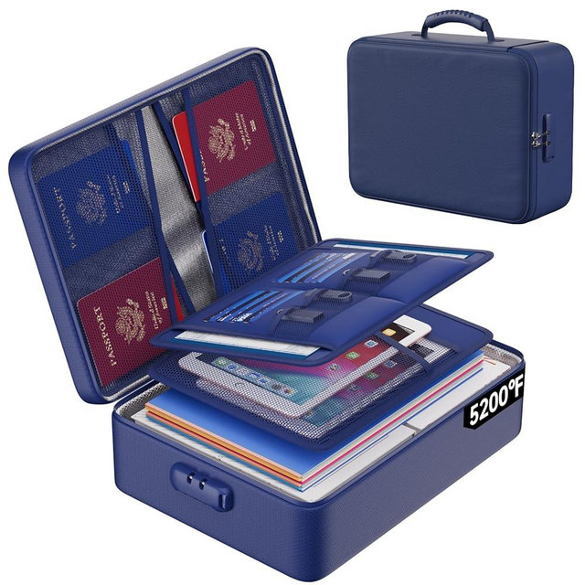 ENGPOW 5200°F Fireproof Document Bag with Lock, Upgraded Heat Insulated Fireproof＆Waterproof Box 8 Layers Document Organizer, Portable Home Travel Safe Storage Box for Important Files, Laptop, Blue
