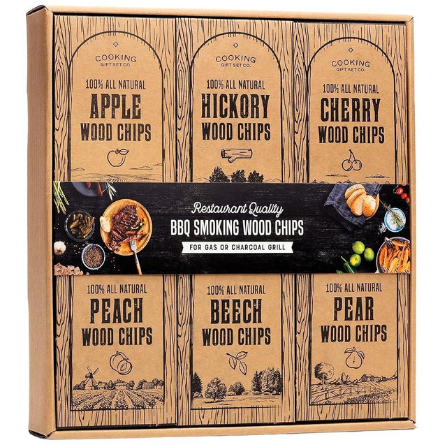 Large Wood Smoking Chips for Smoker - 6 Flavor Variety Pack of Natural Wood Chips - Apple, Hickory, Cherry, Peach, Beech, and Pear - Grilling Accessories for Smoker Grill, Charcoal and Gas Grill