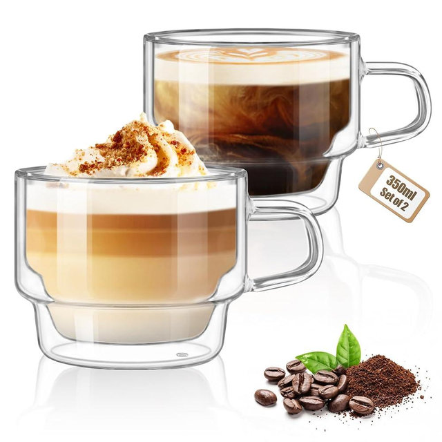 glastal 12 oz Latte Macchiato Glasses, Double-Walled Coffee Glasses, Set of 2, Glass Stackable Coffee Cups, Tea Glasses with Handle for Cappuccino, Tea, Milk, Gifts for Women Friends New Home Gift