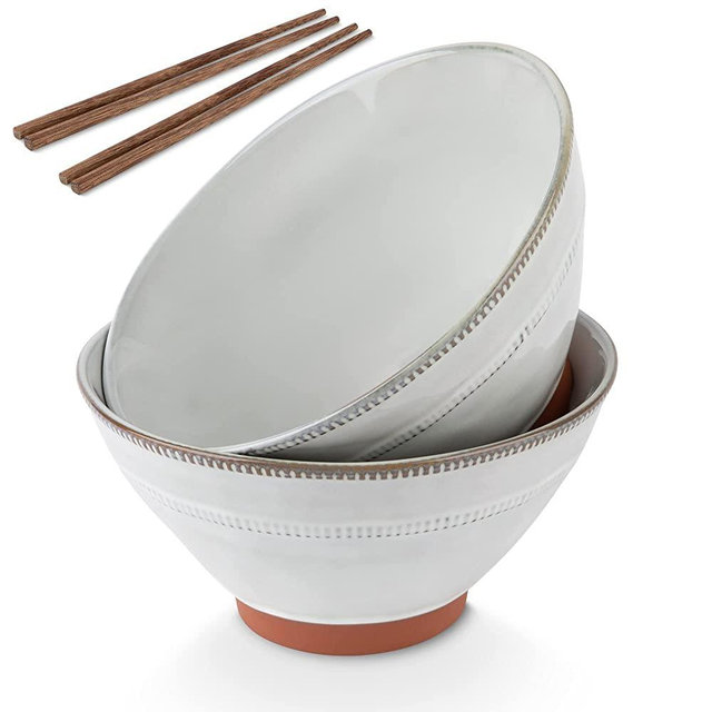 Kook Terracotta Japanese Ramen Bowls, Microwavable, Dishwasher Safe, for Rice, Udon, Soba, Pho, 36 oz, with One Set of Wooden Chopsticks, Set of 2 (Cloudy White)