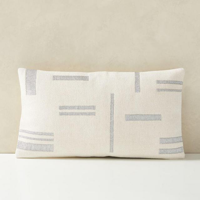 Embroidered Metallic Blocks Pillow Cover, 12"x21", Stone White