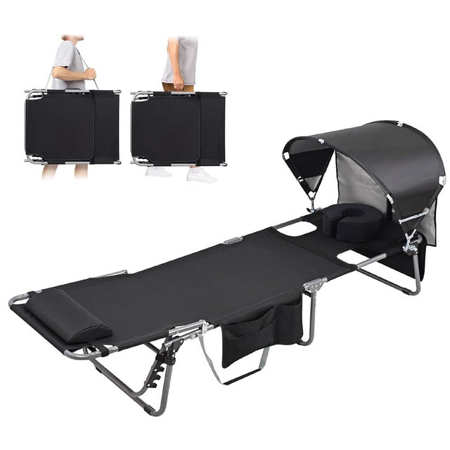 Tanning Chair with Sun Canopy Face Hole Softer Padded Adjustable Washable, Heavy Duty Layout Folding Lounge Chair for Adults Outside Beach Reading Sunbathing Poolside Lawn, UPF 50+ Sun Shade, 300 LBS