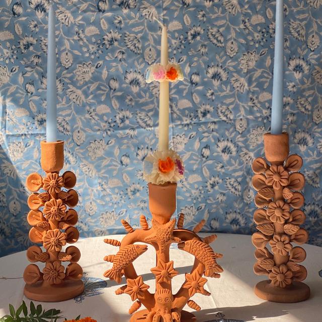 OAXACAN RED CLAY CANDLESTICK HOLDER WITH FLOWERS