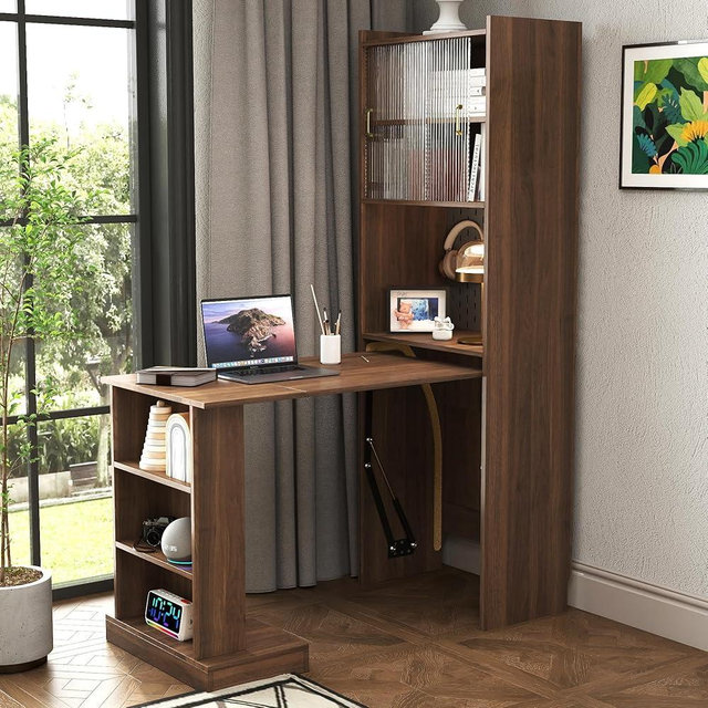 VENLUSUIR Hidden Desk Fold Out Desk with Storage - Craft Storage Cabinet & Fold Out Table for Home Office Bedroom Dorm Apartment | Anti-Tip, Sliding Glass Doors, Open Shelves & Pegboard,Walnut