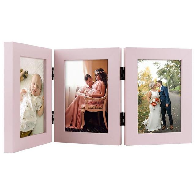 Frametory, 4x6 Triple Picture Frames Hinged 3 Photos Frame Collage, Three Picture Frames Multiple Desk Frame with Glass (Pink, 1 Pack)