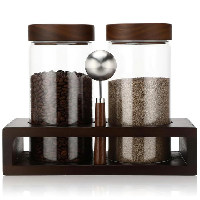 Suclain Glass Coffee Grounds Container with Shelf 2 x 44 oz Glass Coffee Bean Storage Canisters with Airtight Thread Lid and Measuring Spoon Food Storage Jars for Kitchen Sugar(Plain Style)