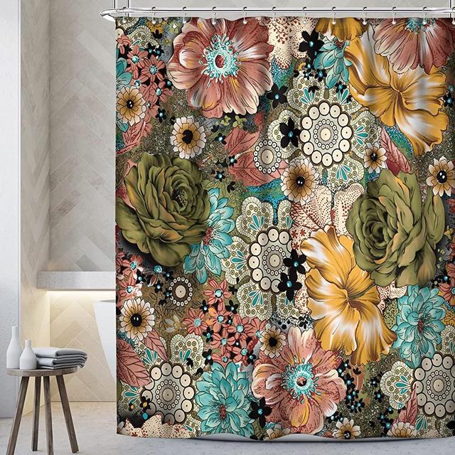 Riyidecor Boho Fancy Paisley Shower Curtain 60Wx72H Inch Bohemian Floral Mandala Flower Haskell Medallion Colorful Ethnic Farmhouse Artwork Cloth Fabric Bathroom Decor Set with 12 Pack Hooks BB-SRJB