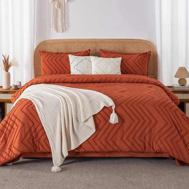 Litanika King Size Comforter Set with Sheets Burnt Orange - 7 Pieces Boho Terracotta Bed in a Bag Tufted Complete Beddding Sets Rust Lightweight Bed Set with Comforter, Sheets, Pillowcases & Shams