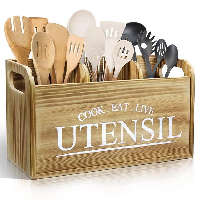Kitchen Utensil Holder Rustic Large Wooden Utensil Organizer Cooking Tools Storage