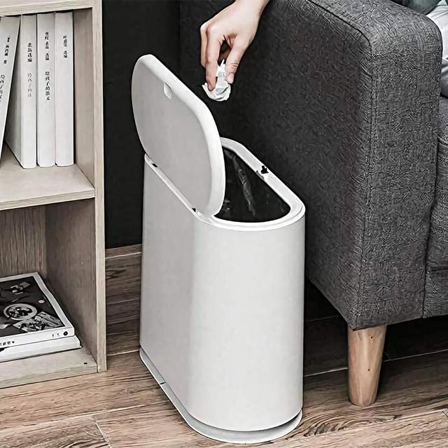 Plastic Slim Garbage Container Bin with Press Top Lid, White