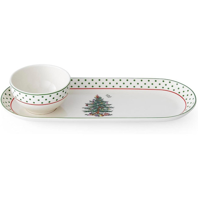 Spode Christmas Tree 2-Piece Polka Dot Chip and Dip Serving Set, Oval Chips and Dip Serving Dish for Party