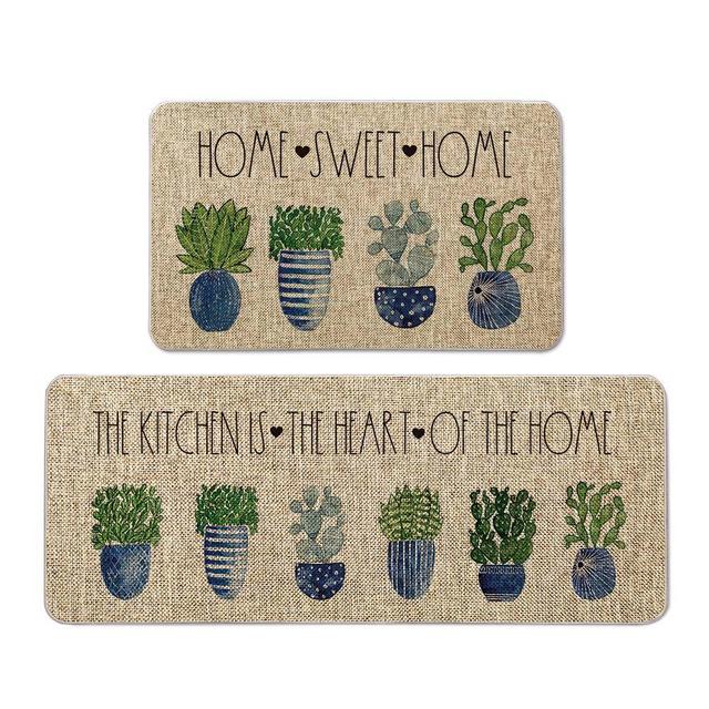Artoid Mode Home Sweet Home Cactus Green Plant Pot Decorative Kitchen Mats Set of 2, Home Seasonal Summer Holiday Party Low-Profile Floor Mat - 17x29 and 17x47 Inch