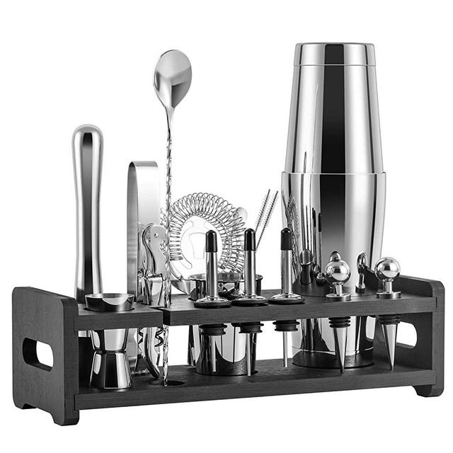 Soing 24-Piece Cocktail Shaker Set,Perfect Home Bartender Kit for Drink Mixing,Stainless Steel Bar Tools With Stand,Velvet Carry Bag & Recipes Cards Included (Silver)