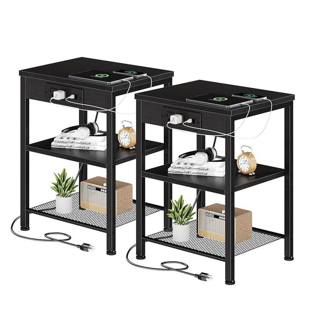 DUMOS 15.7" Small Side Table Set of 2 with Charging Station, End Table with Outlets & USB Ports, 3-Tier Adjustable Nightstand for Living Room, Bedroom, Small Spaces, Record Player Stand, Black