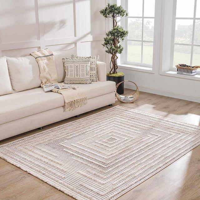 Hauteloom Lunao Farmhouse Living Room Bedroom Moroccan Square Pattern Abstract Area Rug - Soft Shaggy High Low Carpet - High Pile - Bohemian, Boho - Gray, Brown, Beige, Cream - 5'3" x 7'