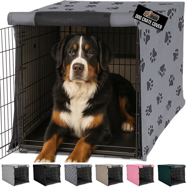 GORILLA GRIP Dog Crate Covers compatible with Amazon Basics Dog Crates, All Sides Open, Privacy Cover Fits 48" Wire Kennel, Breathable Mesh Windows, Light Reducing Puppy Training Cage Topper, Gray Paw