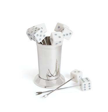 Dice Olive Picks in a Polished Nickel Cup