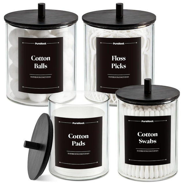 PureRoot Glass Qtip Holder Dispenser Set - 15oz & 10oz Cotton Swab Holder with Black Wooden Lids, Bathroom Canisters Apothecary Jar Vanity Storage Organizer for Cotton Balls, Floss Picks (4 Pack)