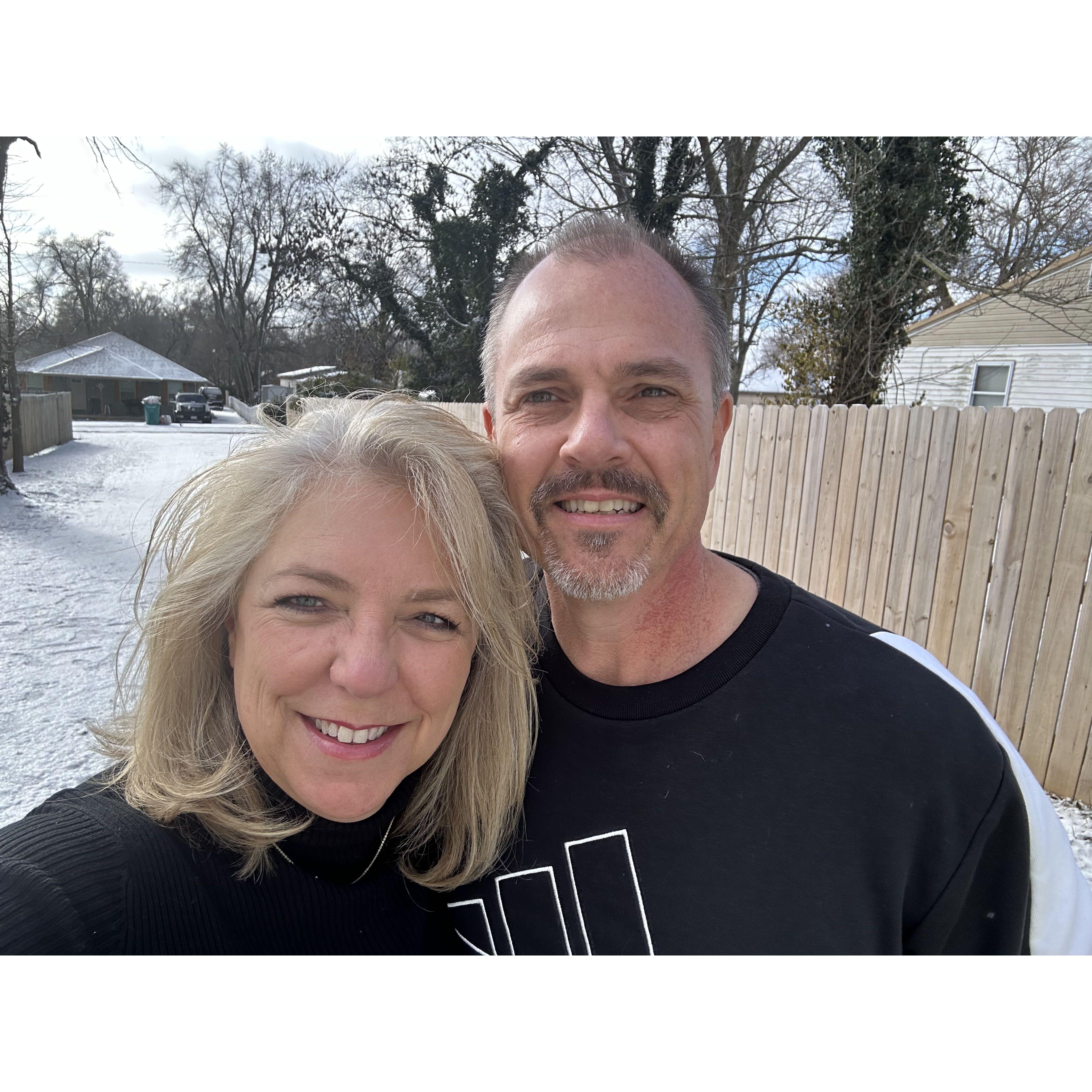 Doing life together ... a pic for Aunt Rose ... remembering Annie as we wear her sweatshirts on this day in the Springfield MO snow, while visiting Debbie's dad. ... Much Love all around.
