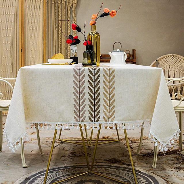 smiry Embroidery Tassel Tablecloth - Cotton Linen Dust-Proof Table Cover for Kitchen Dining Room Party Home Tabletop Decoration (Rectangle/Oblong, 55 x 70 Inch, Coffee)