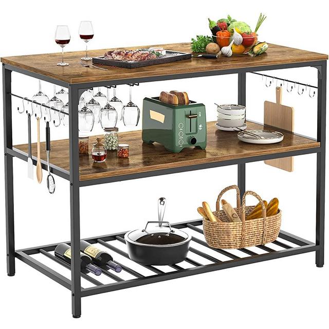 Kitchen Island with Wine Glass Holder, Homieasy Industrial Wood and Metal Coffee Bar Wine Rack Table, 3 Tier Spacious Kitchen Prep Table Extended Counter with Hooks Easy to Assemble, Rustic Brown