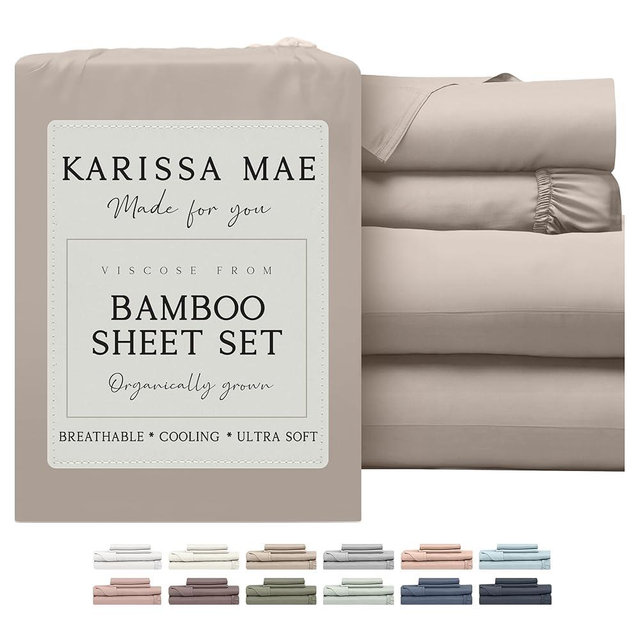 KARISSA MAE Cooling Bamboo Viscose Queen Sheet Set | 100% Organically Grown | 18” Deep Pocket | Silky, Soft, & Hypoallergenic | with Organizer Band & Elastic Corner Straps [Dune]