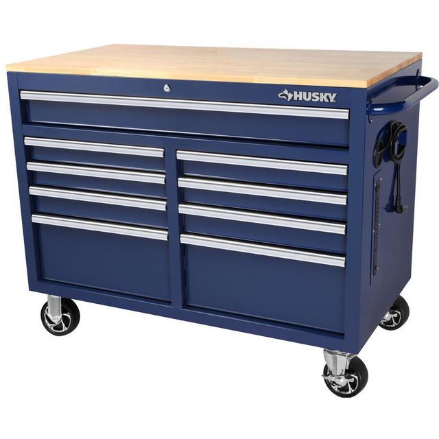 46 in. W 9-Drawer, Deep Tool Chest Mobile Workbench in Gloss Blue with Hardwood Top (prefer in red if you can find it)