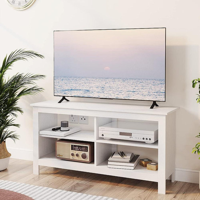 43 Inches TV Stand,Mid Century Modern Entertainment Center with 4 Open Shelves Farmhouse TV Media Console Table for Living Room,Bedroom,Television Stand up to 50 Inches(White)