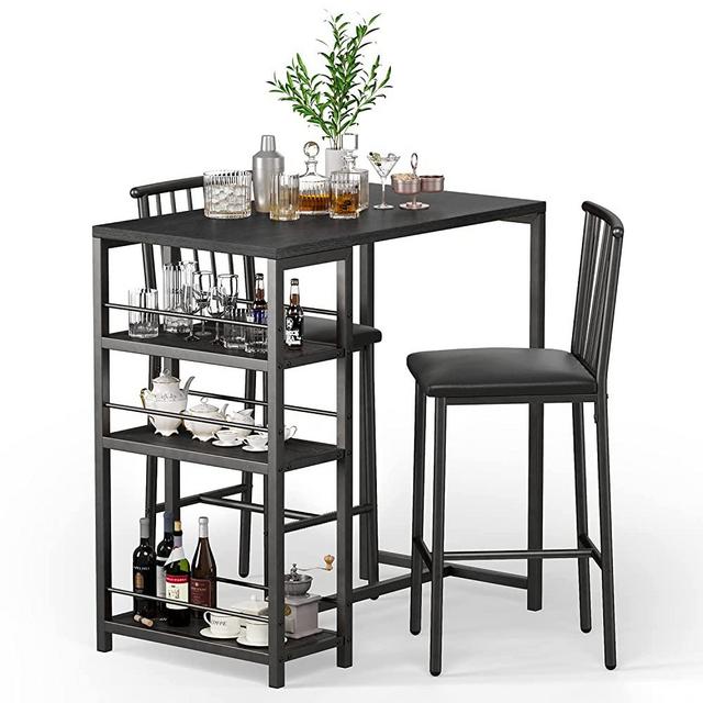Gizoon Bar Table and Chairs Set for 2 with 3 Storage Shelves, Kitchen Counter Height Dining Table Set with Pu Cushion Chairs & Thick Wood Top for Breakfast, 3-Piece Modern Pub Table Set - Black