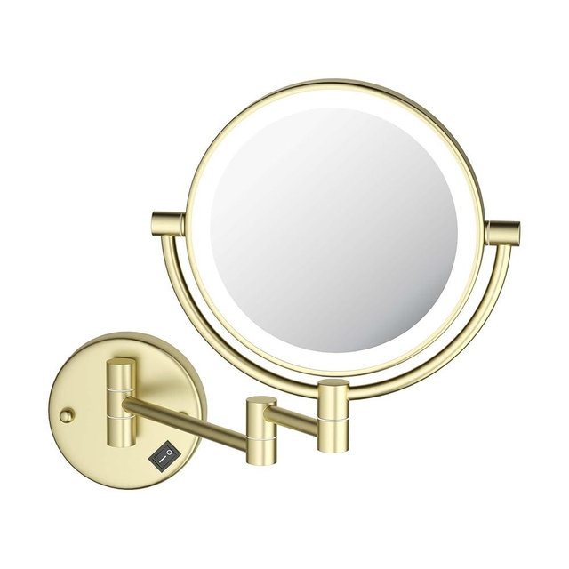 KIBI Circular Wall Mount Makeup Mirror with LED Lights, Dual-Sided 1x/5x Magnifying Mirror with Adjustable Arm, 360° Swivel, Solid Brass Construction for Durability and Style (Brushed Gold, KMM101)