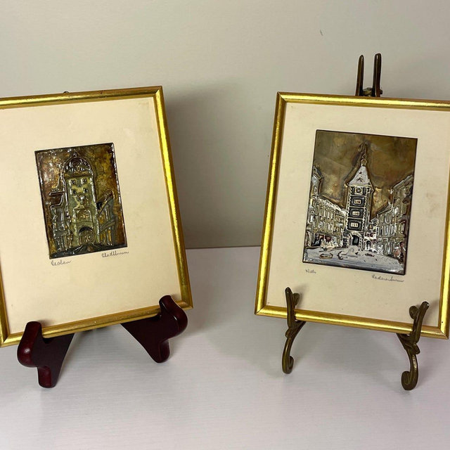 Vintage Pair of Austrian Metal Relief Art Town Scenes Enamel Artwork
