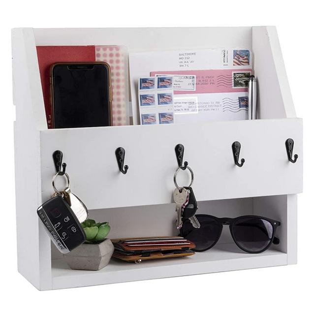 Key and Mail Holder with Shelf - Wooden Wall Mount Mail Organizer & Key Rack - Weathered White Wood with Metal Hooks, Decorative