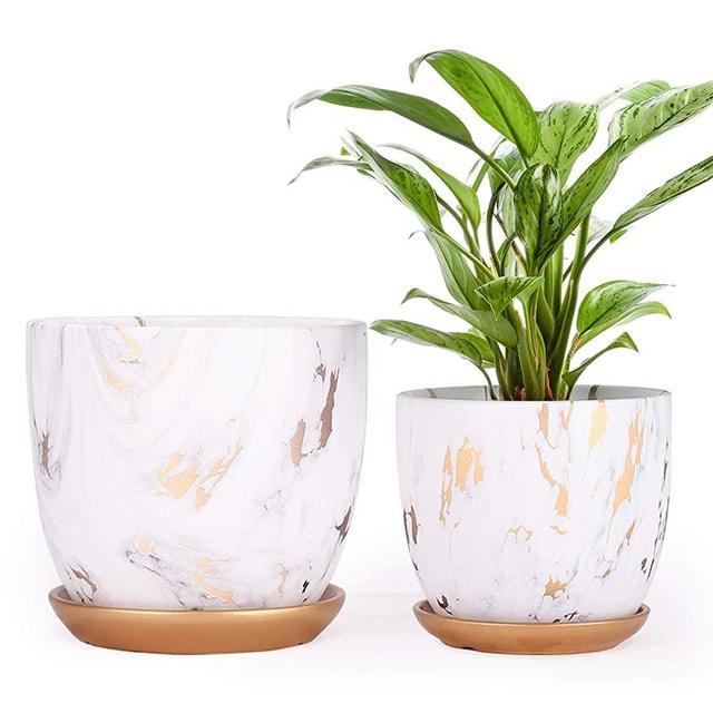 Ceramic Plant pots (7 & 5.5 Inch, Set of 2), Modern Flower Planter, Gardening Pots with Drainage Hole and Saucer for Outdoor Indoor Yard Garden Home Office Decoration