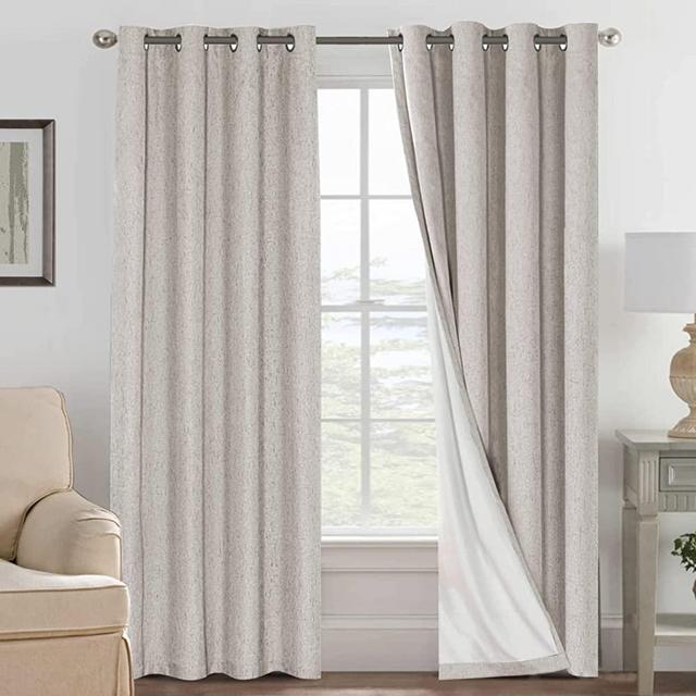 Linen Blackout Curtains 84 Inches Long 100% Absolutely Blackout Thermal Insulated Textured Linen Look Curtain Draperies Anti-Rust Grommet, Energy Saving with White Liner, 2 Panels, Stone