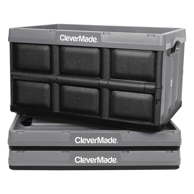 CleverMade Collapsible Storage Bins - Stone 3 Pack 46L - Stackable Containers Heavy Duty Capacity Folding Crates - Space-Saving for Home