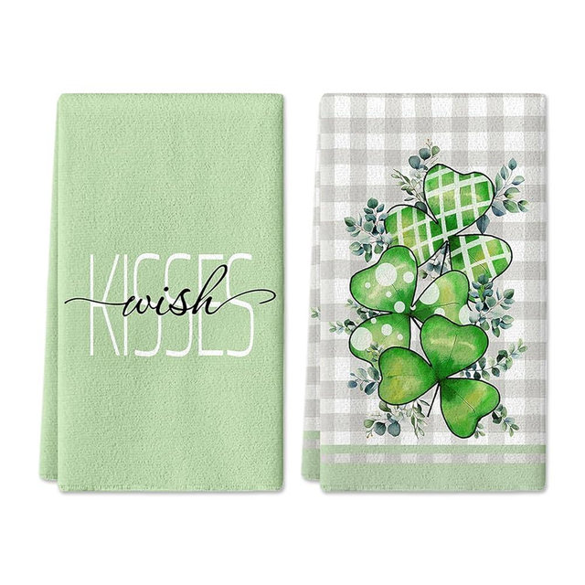 Buffalo Plaid Hand Towel, Kisses Wishes Shamrock St Patrick's Day Bath Hand Towel Decor, 18x26 Inch, Green Eucalyptus Leaves Towels for Holiday Home Kitchen, Set of 2