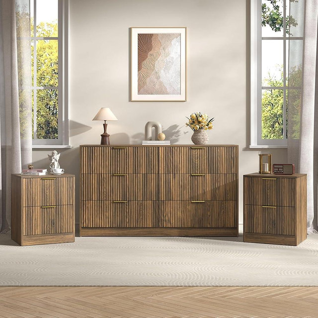 Sscaktu 3-Piece Modern Bedroom Furniture Set, Wide 6-Drawer Dresser & 2-Drawer Nightstands Set of 2, Natural Wood Dresser and Nightstand Sets for Bedroom, Hallway, Walnut